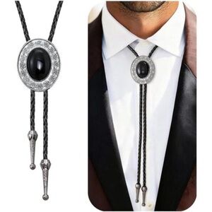 Black Stone Black Tie For Men's Cowboy Costume Leather Necktie Rope Western